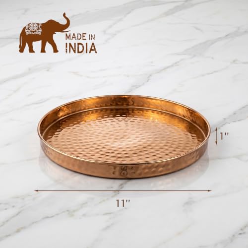 MyGift 11 Inch Deluxe Hammered Copper Kithchen Accessories Tray - Aluminum Plated Copper Platter and Vanity Tray - Handcrafted in India