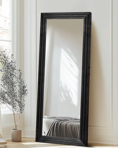 65x24in Full Length Mirror, 3-Tier Stepped Solid Wood Frame, Black - color: Black, size: 65"L x 24"W