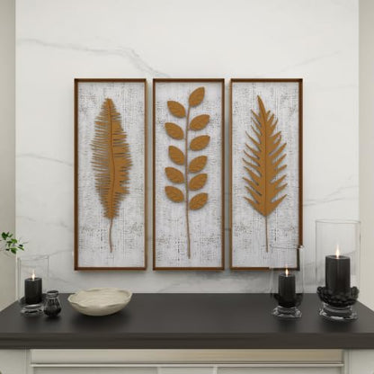 Deco 79 Metal Leaf Home Wall Decor Framed 3D Wall Sculpture with Distressed Wood Backing, Set of 3 Wall Art 12"W, 32"H, Gold - size: 12"L x 2"W