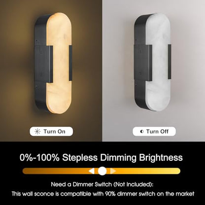 Alabaster Wall Sconces Set of 2, 13.8" Black Natural Marble Wall Sconce, Hardwired Bathroom Vanity Lights, Modern Indoor Wall Lighting for Bedroom, Living Room