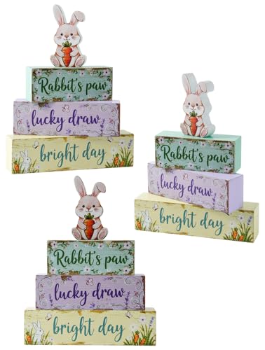 Spring Easter Dec Bunny Wooden Tabletop Decor with Rabbit’s Paw/Luck Draw/Bright Day Signs, Spring Farmhouse Spring Table Decorations for Home Indoor, Green Purple Beige Wood Blocks Set of 4 - size: Spring Rabbit