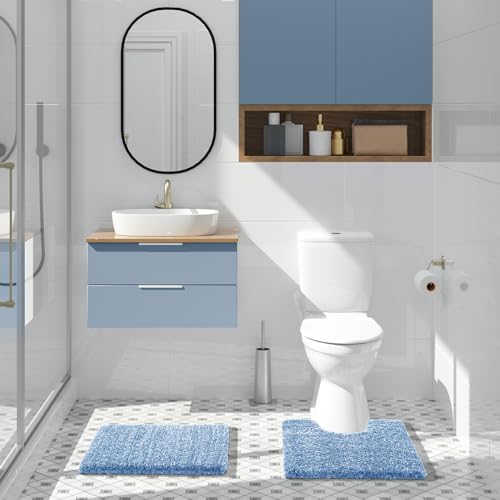 Yimobra Blue&White Bathroom Rugs Non Slip Washable 24x17,Small Bath Mat - color: Blue and White, size: 17" X 24"