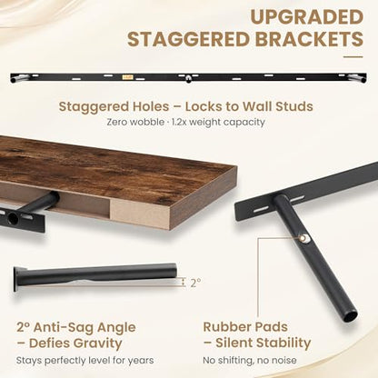 72 Inch Long Floating Shelves for Wall Set of 1, 12"D Wood Grain Shelves - color: Rustic Brown, size: 72"Wx12"Dx2"H, 1P