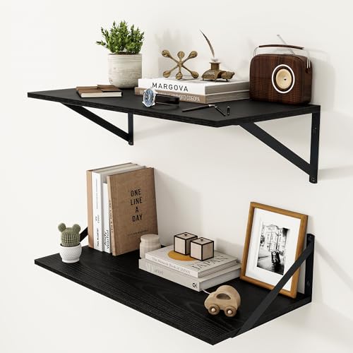 Heimlove 24W x 12D Deep Floating Shelves Set of 2 Black - color: Black With Black Metal Bracket, size: 24Wx12Dx5.8H
