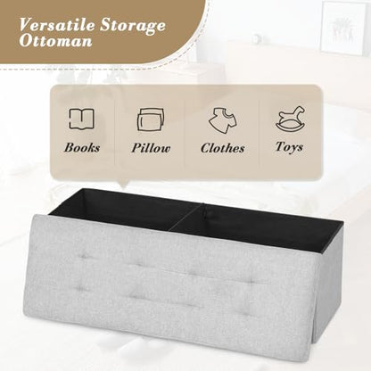 Athena Collection 43" Storage Ottoman Bench Folding Bench with 130L Hidden Storage, Large End of Bed Bench Linen Foot Rest Stool Chest with Flipping Lid for Living Room, Bedroom, Entryway, Light Gray - color: Light Gray, style: 43" Linen