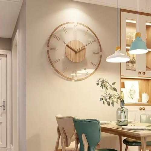 Modern Minimalist Wooden Wall Clock - Silent Non-Ticking Battery Operated Wall Clock for Living Room Bedroom Kitchen Office Decor, 12 Inch Large Wall Clock with Sleek Open Frame Design