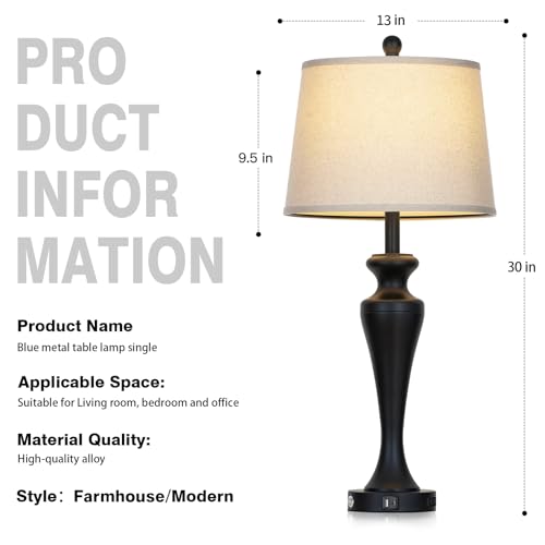30 Inch Black Table Lamp Single, 3-Way Dimmable Touch Control Living Room Lamps with USB A+C Ports and AC Outlet, Tall Bedside Lamps for Nightstand, Modern Metal Bedroom Lamp, Bulb Included - color: Black-1PK