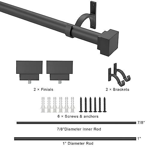 Single Curtain Rods for Windows 28 to 48 Inch(2.3-4ft),1 Inch Diameter Adjustable Heavy Duty Drapery Rods,with Modern Square Aluminum Alloy Finials,Matte Black - color: Matte Black, size: 28-48"