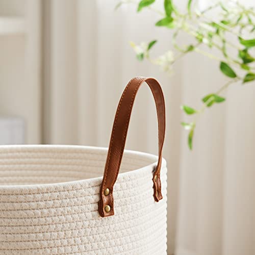 VIPOSCO 72L Tall Woven Rope Laundry Hamper, Leather Handles, White & Brown - color: Brown, size: 72L