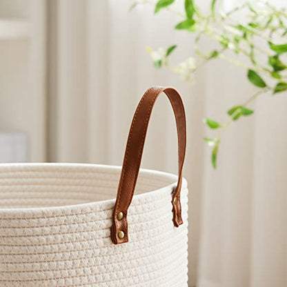 VIPOSCO 30L Small Woven Rope Laundry Hamper, Leather Handles, White & Brown - color: Brown, size: 30L