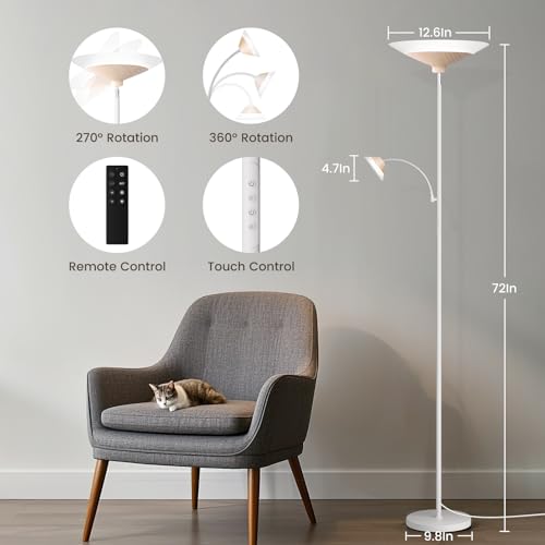 SIBRILLE Torchiere Floor Lamp with Wood Grain Shade, 72" Dimmable LED Standing Lamp with Remote, 2-in-1 Floor Reading Lamp with Color Changing, 34W White Corner Lamp for Living Room Bedroom Office - color: Wood Grain