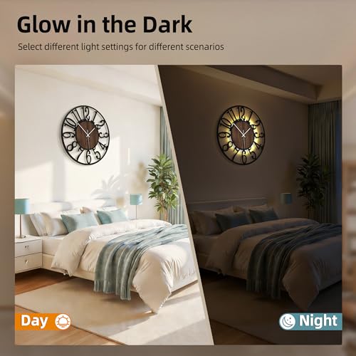 24" Silent Wall Clock – Adjustable Night Light, Battery Operated - color: Black Walnut - Arabic Numerals, size: 24 inch(60 cm)
