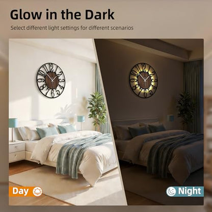 24" Silent Wall Clock – Adjustable Night Light, Battery Operated - color: Black Walnut - Arabic Numerals, size: 24 inch(60 cm)