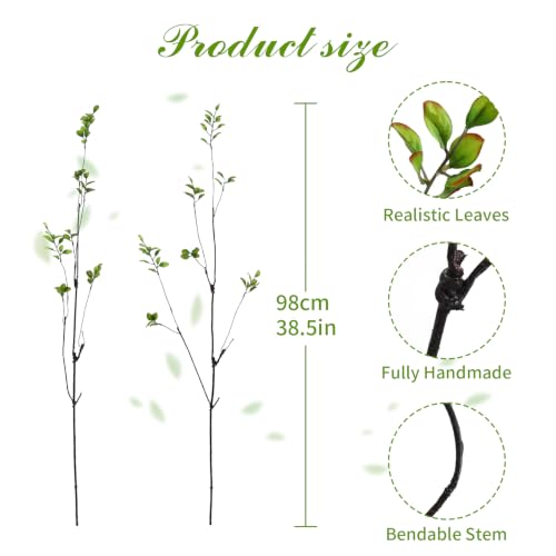 97.8cm(38.5인치) 높이 4개, 잎이 있는 올 그린 인공 가지, 사실적인 인조 무화과나무 녹색 줄기, 높은 바닥 꽃병, 홈 센터피스, 사무실 및 봄 장식용 구부릴 수 있는 가짜 식물 잔가지 - color: 초록색.