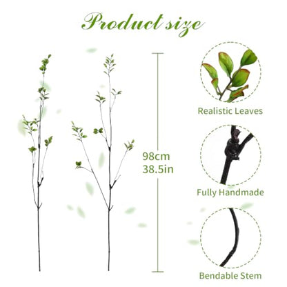 97.8cm(38.5인치) 높이 4개, 잎이 있는 올 그린 인공 가지, 사실적인 인조 무화과나무 녹색 줄기, 높은 바닥 꽃병, 홈 센터피스, 사무실 및 봄 장식용 구부릴 수 있는 가짜 식물 잔가지 - color: 초록색.