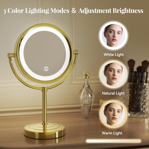GURUN 8.5 Inch LED Lighted Tabletop Makeup Mirror with 10x Magnification Dimmable 3 Colors Touch Control 4500mAh Double Sided Gold Finish 2208D-T(10x, Gold) - color: Gold-batterie-touch Control