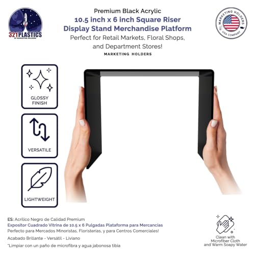 Marketing Holders 2 Pack Acrylic Riser Display Stand Glossy Black Plexiglass 10.5 Inch Wide x 6 Inch Deep x 8 Inch High Retail Countertop Showcase Platform for Products and Merchandise - size: 10.5"W x 6"D x 8"H
