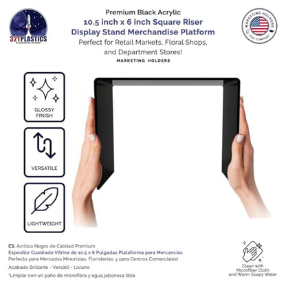 Marketing Holders 2 Pack Acrylic Riser Display Stand Glossy Black Plexiglass 10.5 Inch Wide x 6 Inch Deep x 8 Inch High Retail Countertop Showcase Platform for Products and Merchandise - size: 10.5"W x 6"D x 8"H