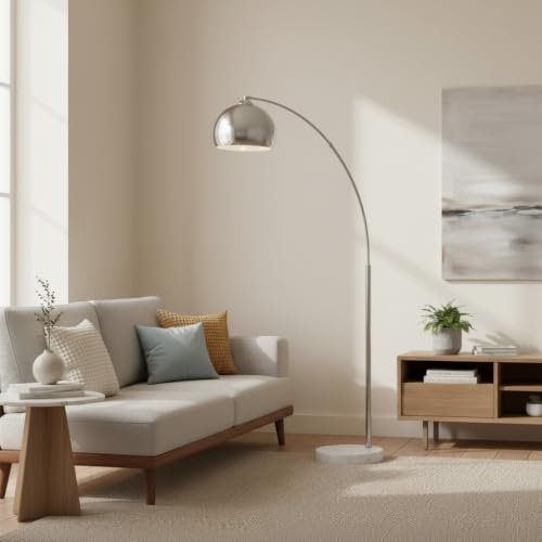 Teamson Home Arquer 68.1" Arc Floor Lamp for Living Rooms, Home Offices, Dining Rooms, Bedrooms with Faux White Marble Base and Nickel Bell Shade - color: Nickle Shade / White Marble Base