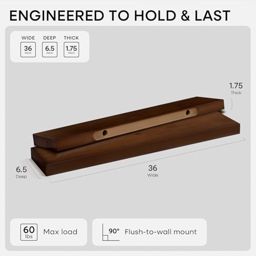 Homeforia 36 Inch Floating Shelves, High-End Solid Pine Wood, Set of 2 - color: American Walnut - Satin Dark Tone, size: 36 inch