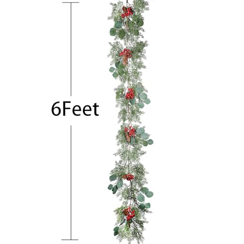 DearHouse 6Ft Pine Garland Christmas Decoration, Artificial Red Berry Christmas Garland with Eucalyptus Pine Cones Cypress Garland for Holiday Season Mantel Fireplace Table Centerpiece Decor