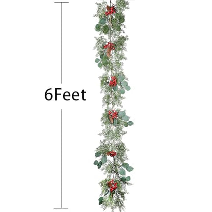 DearHouse 6Ft Pine Garland Christmas Decoration, Artificial Red Berry Christmas Garland with Eucalyptus Pine Cones Cypress Garland for Holiday Season Mantel Fireplace Table Centerpiece Decor