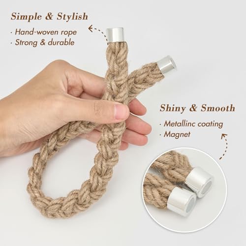 NICEEC 2 Pack Natural Jute Rope Curtain Tiebacks Elegant Boho Style Magnetic Drape Tie Backs Soft Hand-Woven Rope Curtain Holdbacks for Home & Office Drapery (Jute Rope-Thick) - color: Jute Rope-thick, size: 2 Pack