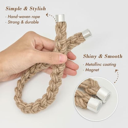 NICEEC 2 Pack Natural Jute Rope Curtain Tiebacks Elegant Boho Style Magnetic Drape Tie Backs Soft Hand-Woven Rope Curtain Holdbacks for Home & Office Drapery (Jute Rope-Thick) - color: Jute Rope-thick, size: 2 Pack