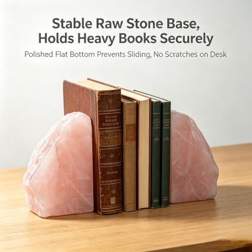 Natural Rose Quartz Bookends 3-4 LBS - Heavy Duty Crystal Book Ends for Shelves, Pink Stone Decorative Home Office Desk Accessories, Gemstone Bookend Set of 2