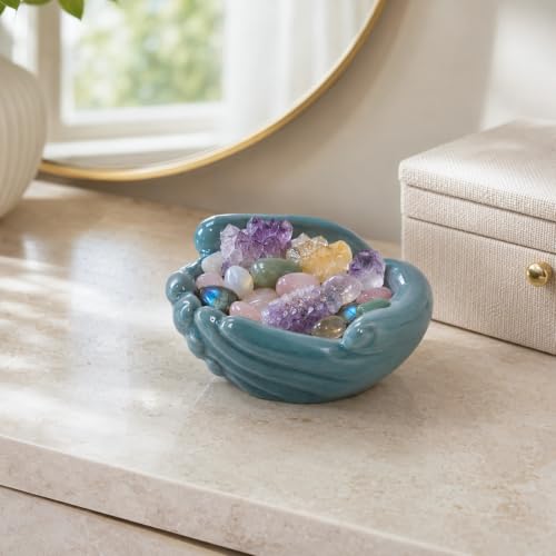 Ceramic Hands Bowl Dish Sculpture, Giving Hands Candy Holder for Succulent Planter, Crystal Rock Holder, Office, Keys Bowl for Entryway Table (Blue) - color: Blue