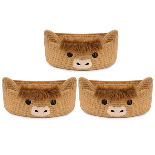 3 Pcs Oval Highland Cute Cow Basket for Nursery,Woven Rope Gift Basket - color: Brown, size: 3 PCS