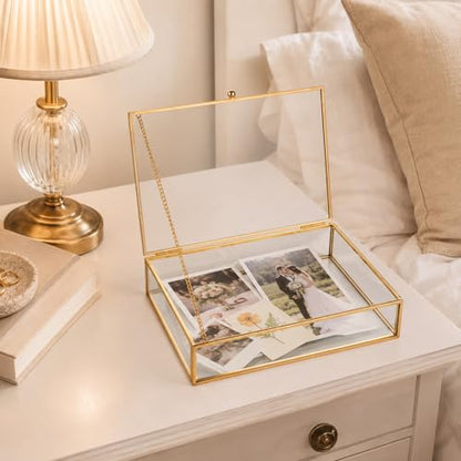 Feyarl Gold Glass Photo Cards Display Box Jewelry Trinket Ring Earring Post Cards Decorative Keepsake Box for Wedding Home Deco Dresser Coffee Table (8.66 x 5.9 x 1.96inch)