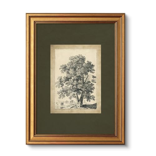 VIYYIEA Vintage Gold Framed Wall Art, Tree Forest Landscape Painting Canvas Prints, Green Gray Tree Natural Sketch Picture, Rustic Farmhouse Artwork for Living Room Bedroom Bathroom, 12x16inch - color: Old Tree, size: 16"L x 12"W