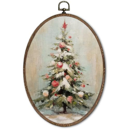FLAWAFLOMA Rustic Christmas Tree Oval Canvas Wall Art Decor 8.6x11.4 Inch - color: Christmas-12