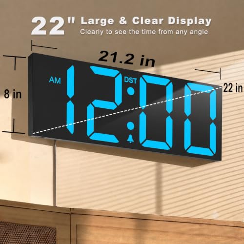 JALL 22" Large Digital Wall Clock with 7.3-inch Big LED Numbers, Wall Clock with Night Light, Auto Dimming & DST, Giant Alarm Clock for Seniors, Blue - color: Blue, size: 22 inches