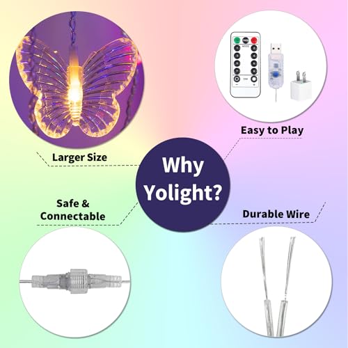 YOLIGHT Butterfly Curtain Lights 13ft 96 LED Fairy Light 8 Modes String Lights with Remote, Butterfly Hanging Decoration for Bedroom Garden Wall Ceiling Party Wedding Holiday Christmas (Multicolor) - color: Multicolor
