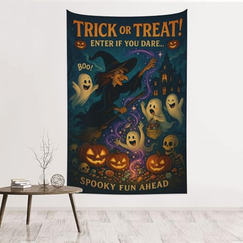 Halloween Tapestry Wall Hanging 60x40in, Trick or Treat Witch Ghost Pumpkin Decor, Cute Spooky Haunted House Party Backdrop, Cartoon Halloween Decorations for Bedroom Living Room Dorm (Hooks Included)