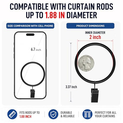 Lansian 44 Pack Curtain Rings with Clips Hooks 2 in Diameter Rustproof - color: Black, size: 2"Inner Dia, 44Pack