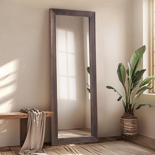 MELOMOIR Rustic Solid Wood Full Length Mirror, 64"x21", Charcoal Brown - color: Charcoal-grilled Brown, size: 64"L x 21"W