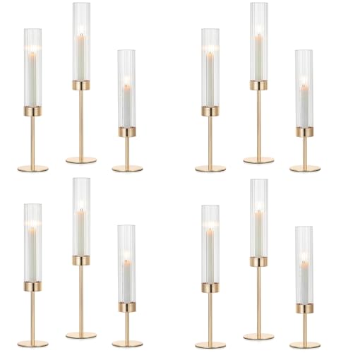 Hewory Gold Hurricane Candle Holders: 12 PCS Tall Taper Candlestick Candle Holders Bulk for Candlesticks Candle Sticks Holder Decor for Table Centerpiece Wedding Party Christmas Decorations - color: Gold, size: 12PCS