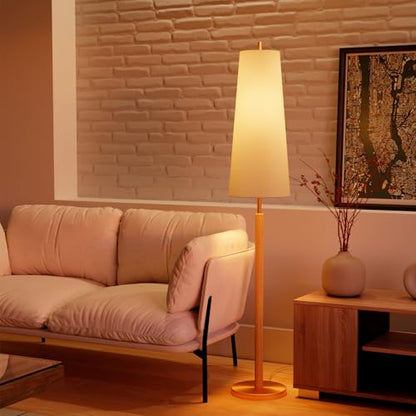 Globe Electric 63" Matte Brass Floor Lamp with Wood Toned Accent and Long White Fabric Shade - color: Matte Brass, Genevieve