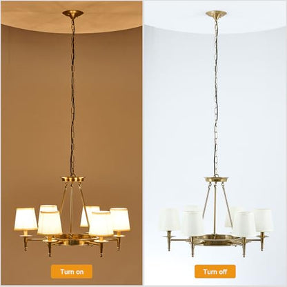 Brass Chandelier 6 Lights with White Fabric Linen Shade 29.52" W Gold Candle Pendant Light Fixture Modern Wagon Wheel Chandeliers for Dining Room Living Room Bedroom