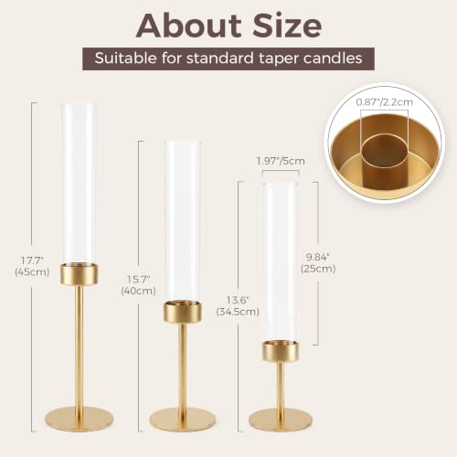 Hurricane Glass Candle Holders Set of 3 Gold Metal Taper Candlesticks