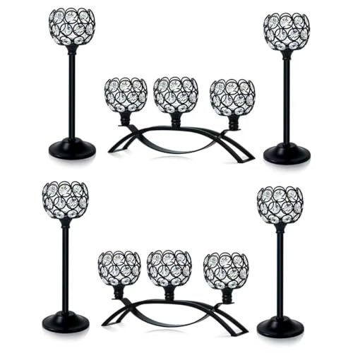 Crystal Tealight Candle Holder Centerpiece Home Decorative Candlestick Holder Elegant Table Centerpiece Home Decor Wedding Party Anniversary (Black, Set of 6) - color: Black, size: 6 Pieces