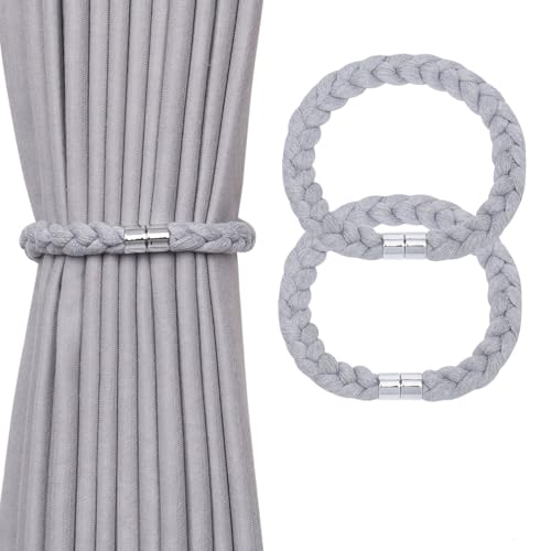 NICEEC 2 Pack Natural Cotton Rope Magnetic Curtain Tiebacks Elegant Twisted Braid Style Drape Tie Backs Soft Hand-Woven Rope Curtain Holdbacks for Home & Office Window Draperies (Light Grey-01) - color: Light Grey-01, size: 2 Pack