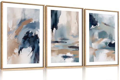 KAIRNE Navy Blue Abstract Brush Stroke Framed Canvas Wall Art Set-16"x24"x3 - color: Blue Shapes Wall Art, size: 16"L x 24"W