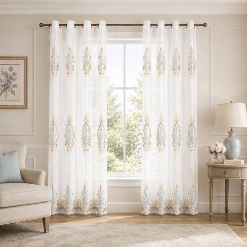 VOGOL Embroidered Sheer Curtains 84 inches Long Grommet Window Treatment Voile Panel Drape for Living Room Kichen, Two Panels, W54 x L84 inch - color: C2, size: 54"W x 84"L (Pack of 2)