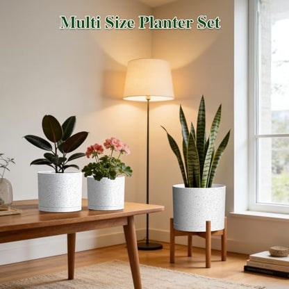 Plant Pots, 10/9/8 Inch 3 Pack Cylindrical Flower Pots with Drainage Holes and Saucers, Plastic Planters for Outdoor Indoor Plants,White with Black Speckles - color: White With Black Speckles