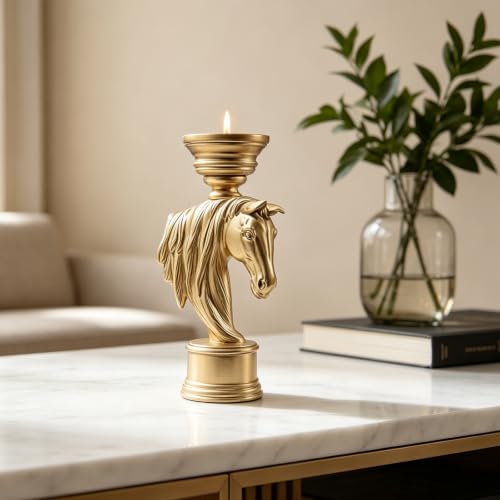 Golden Horse Head Candle Holder 12 Inch – Equestrian Gold Stallion Statue Pillar Candle Stand - color: Gold Horse