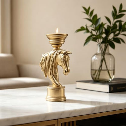 Golden Horse Head Candle Holder 12 Inch – Equestrian Gold Stallion Statue Pillar Candle Stand - color: Gold Horse